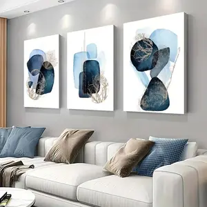 3pcs Modern Abstract Canvas Decorative Painting Blue Gold Gradient Watercolor Geometric Pattern Living Room Background Wall Frameless Hanging Poster Modern Home Decor