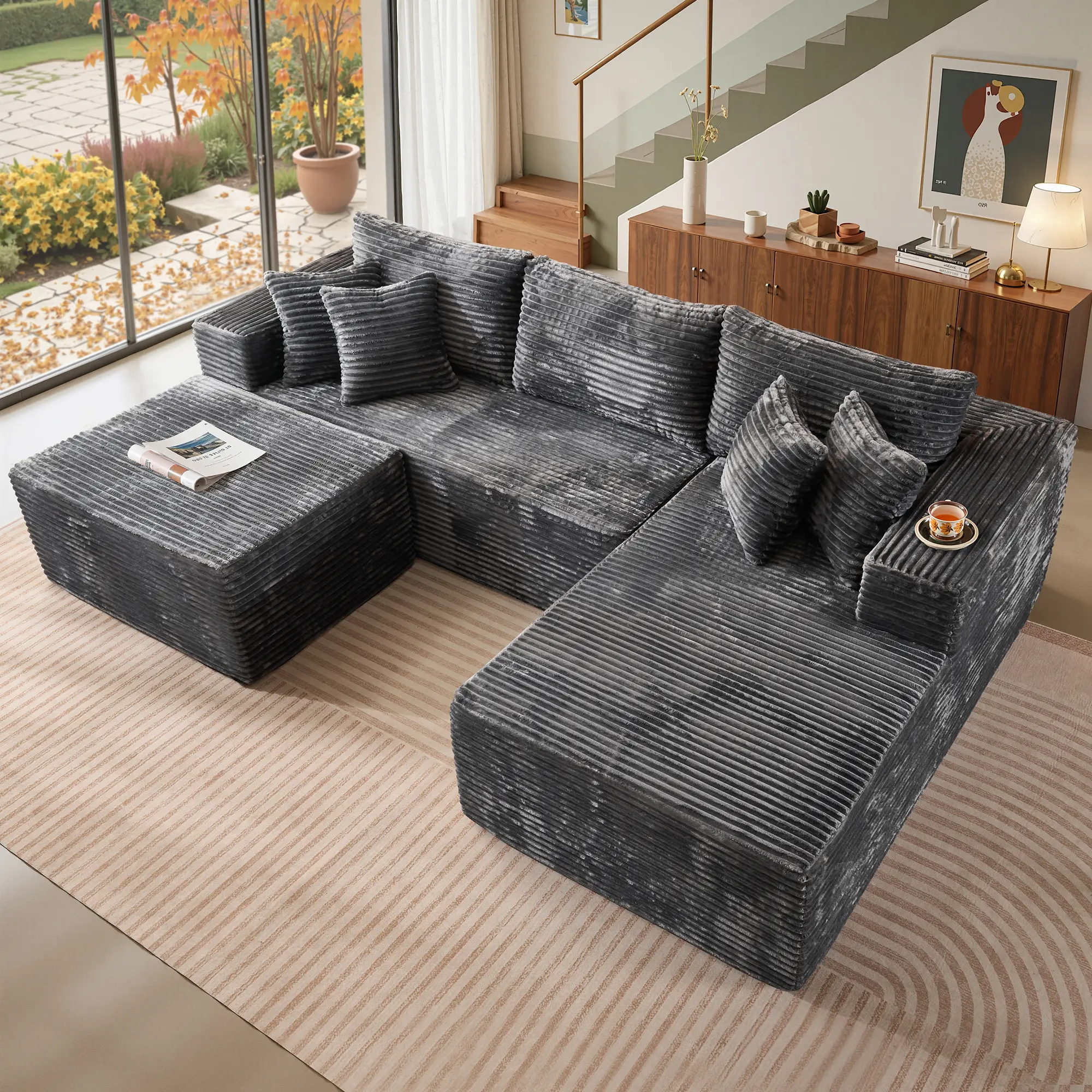 108“ Grey Right Chaise Sofa With Ottoman