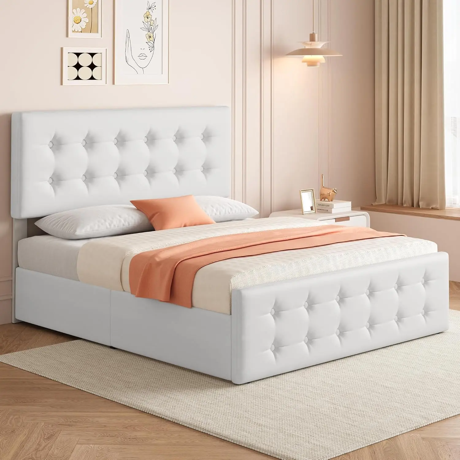White Queen Size PU Leather Upholstered Bed Frame - Durable Upholstered Bed Frames with Adjustable Height Headboard, 4 Storage Drawers, Button Tufted Look, Wooden Slats Support, No Box Spring Needed