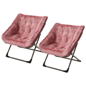 Garvee Oversized Collapsible Faux Rabbit Fur Saucer Chair for Adults with Soft Accent Seating and Sturdy Gold Metal Frame, No Assembly Needed, Ideal for Bedroom, Living Room, Dorm, or Apartment, Pink