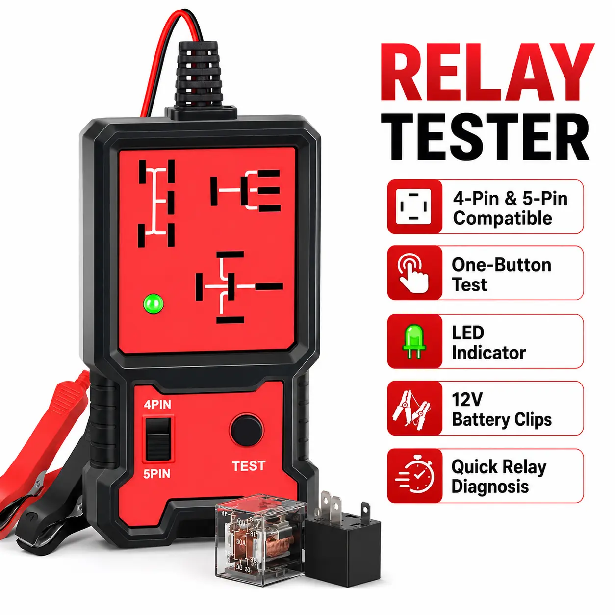 12V Relay Tester for Automotive – 4-Pin & 5-Pin Compatible, One-Button Auto Testing with LED Indicator, Portable Battery Clip Design