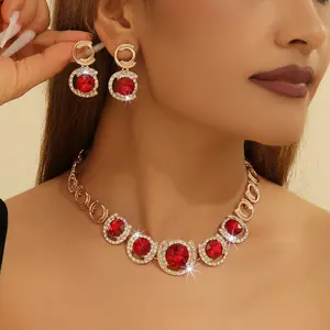 Crimson Majesty Rose Gold Statement Jewelry Set, Red Ruby CZ Choker & Drop Earrings for Bridal Gala Prom