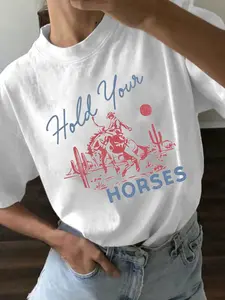 Trendy Retro Western Print Round Neck T-Shirt, Hold Your Horses Denim Cactus Pattern Loose Fit Casual Top, Comfortable Y2K Streetwear for Back-To-School & Weekend Wear