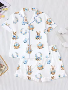 Easter Cute Blue Rabbit Egg Print Kids Fire Retardant Pajama Set, Casual Short Sleeve Homewear, 2 Piece Suit, Print Sleepwear, Pajama Lounge Sets
