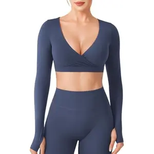 Women's Long Sleeve Crop Top with Built-in Bra - Double Lined Deep V Cross Front Yoga Shirt, Padded Slim Fit Workout Gym Tops