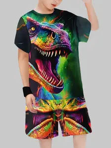 Boys' Junior Summer Dinosaur Printed Short Set, Fitted Casual Style, Random Pattern Design, Perfect for Daily Wear & Play
