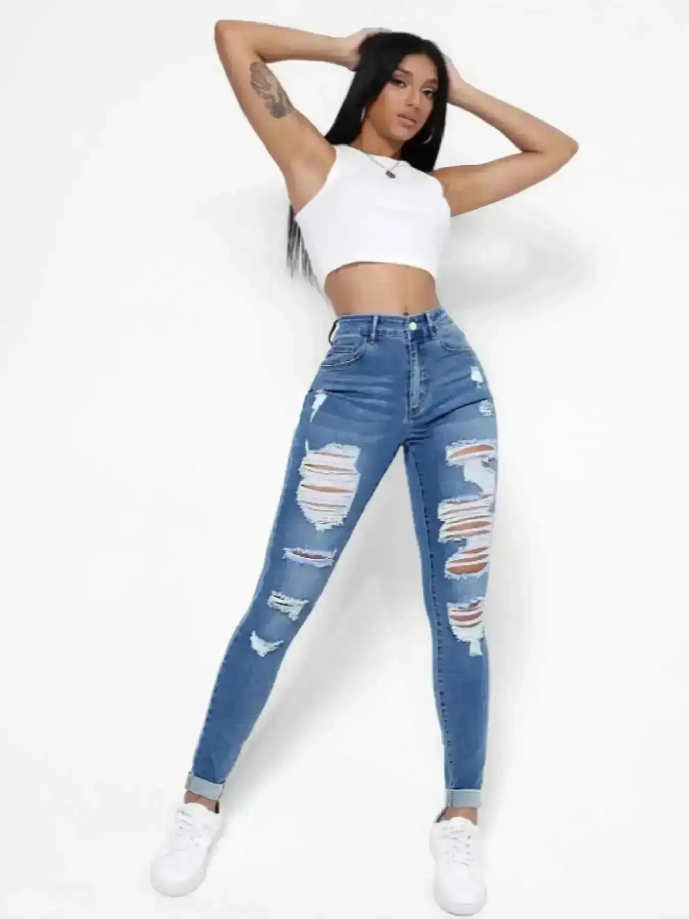 Vogue Women's High Waist Ripped Skinny Fit Jeans Pants, Elastic Vintage Denim with Button and Pocket, Butt Lifting Design, Casual Streetwear Fashion Womenswear for Daily Wear, Fashionable
