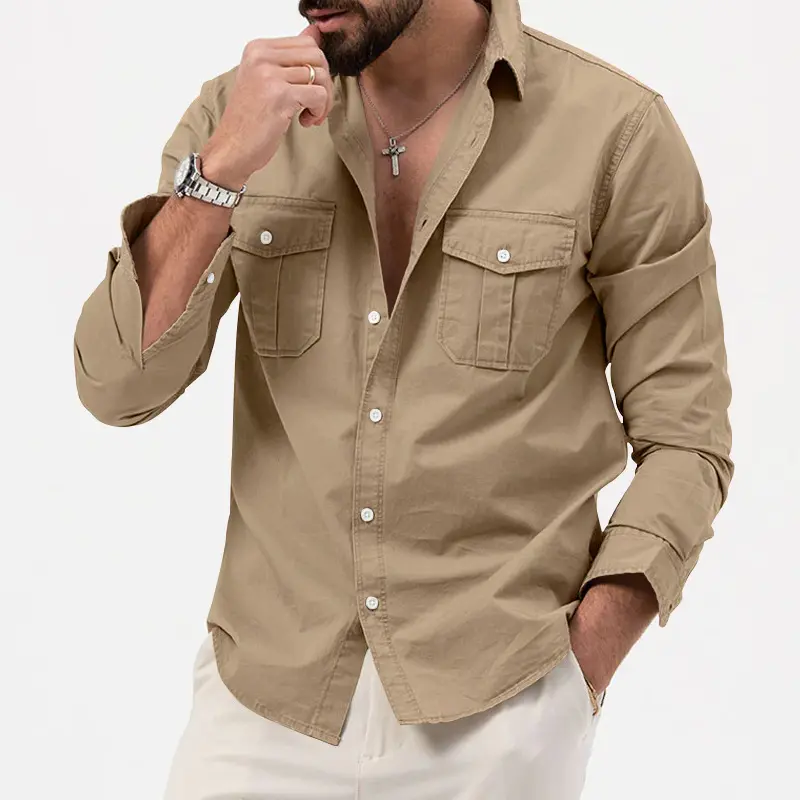 Men's Collared Neck Button-Up Shirt - 2 Front Pockets, Front Buttons, Long Sleeves - Classic Khaki Stylish Top for Casual, Everyday Use