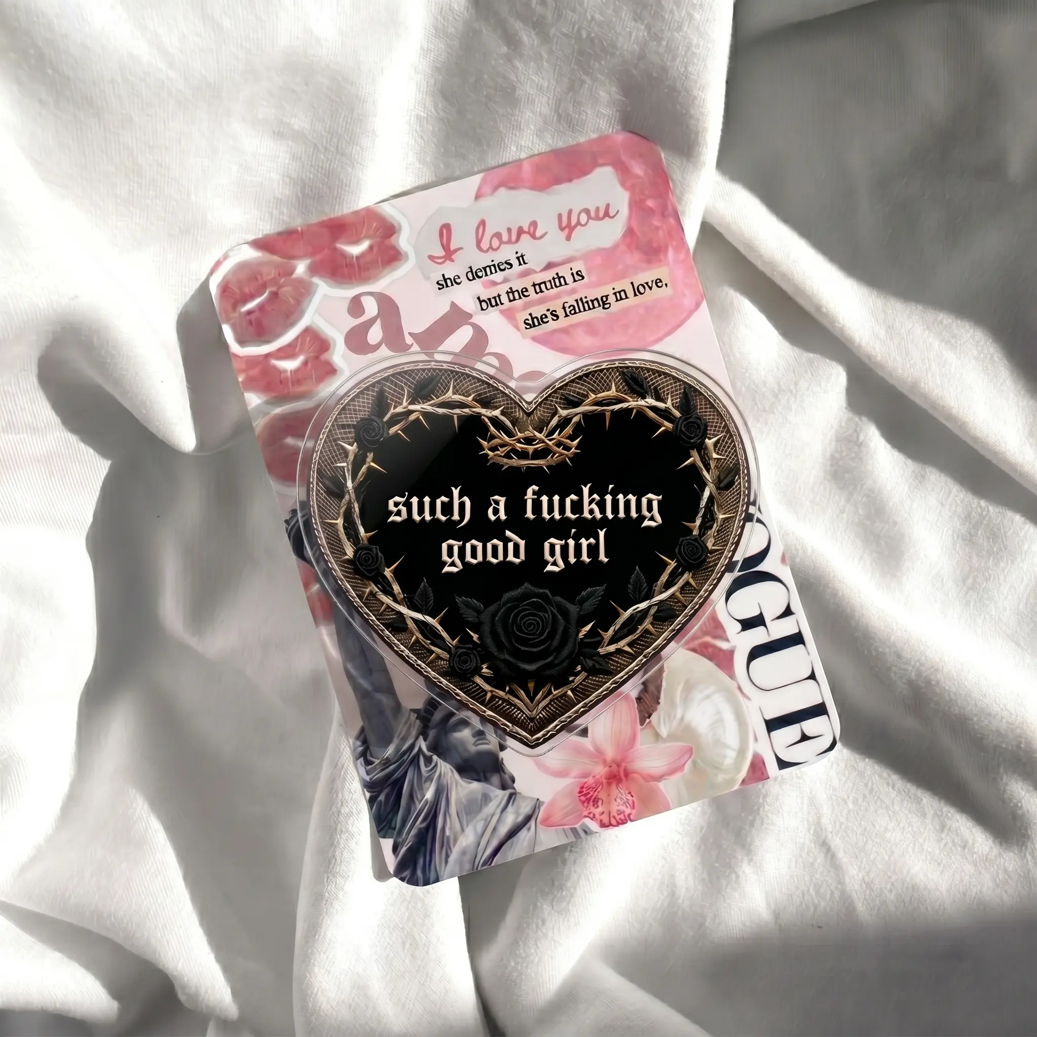 Gothic Black Heart Phone Grip | Such a Fucking Good Girl Phone Stand | Pastel Goth Thorn Rose Cell Phone Holder | Aesthetic Edgy Expanding Finger Grip Loop for iPhone Case