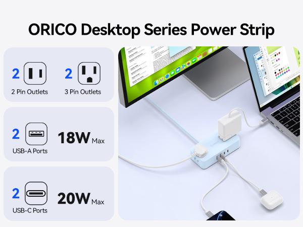ORICO Power Strip with USB Ports, 5Ft Extension Cord for Desk, 8 in 1 Charging Station(4 *AC, 2 * USB-C, 2 * USB-A), Desk Accessories for Home, Office, Dorm Room - CPR20
