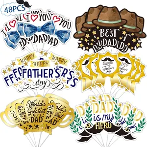 Father's Day Cupcake Toppers 48pcs Happy Fathers Day Cake Toppers I Love My Dad Best Dad Cupcake Picks with Beard Tie Signs for Father's Day Party
