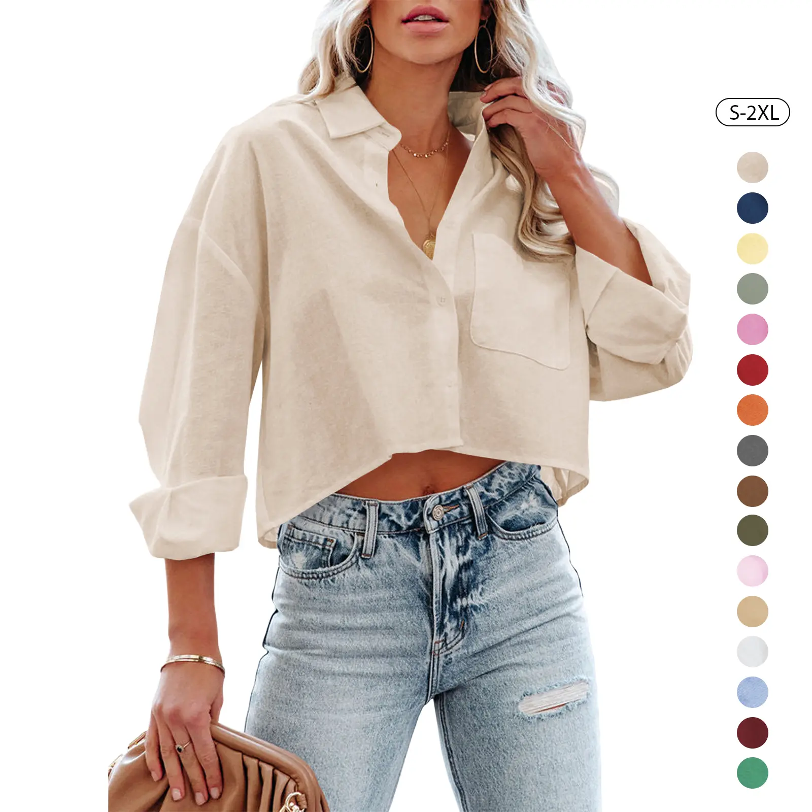 Tankaneo Lady's Basic Long Sleeve Button-Down Cropped Cotton Blouse - Solid Lapel, Chest Pocket, Pair with Jeans/Knitwear
