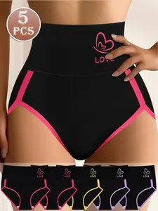 Women's Underwear Set, Tummy Control Panties, Comfortable Mid-Waist Design, Color-Block Elegant Style, Waist Cinching Effect, Pack of 5 Pieces