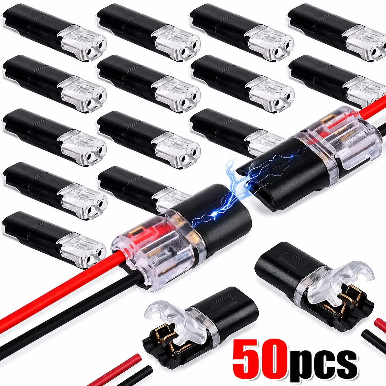 Quick Splice Solderless Connectors, 50 Pcs Durable Reliable Electrical Wire Cable Snap-In Connector Blocks, 2-Pin Dual-Way Connectors for LED Strips, Cars and Low-Voltage Applications, LED Light Strip Connectors, Wire Terminal Connectors