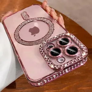 Fin Fashion Girl Pink Crystal Glitter Transparent Magnetic Case For iPhone 16 15 11 12 13 14 Pro Max Wireless Charging Diamond Cover