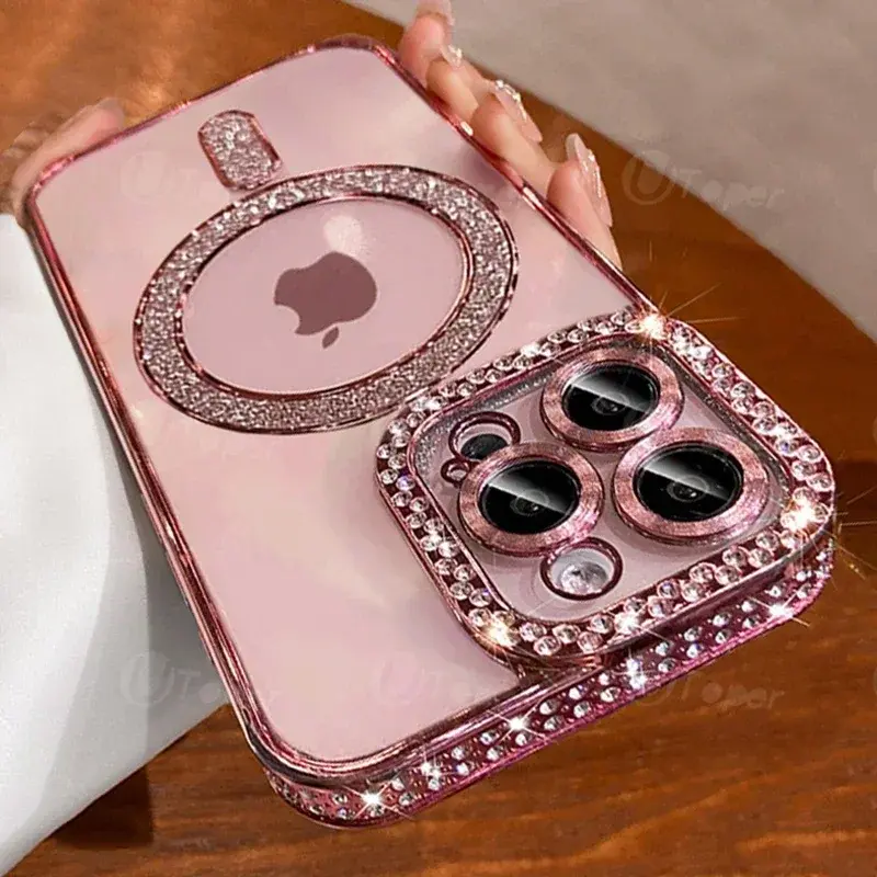 Fin Fashion Girl Pink Crystal Glitter Transparent Magnetic Case For iPhone 16 15 11 12 13 14 Pro Max Wireless Charging Diamond Cover