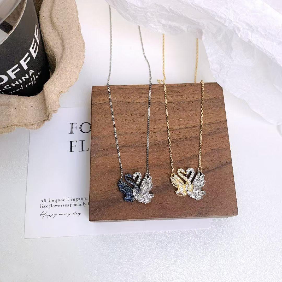 Women's Black White Gold Swan Necklace, Hugging Goose Design Fashion Jewelry