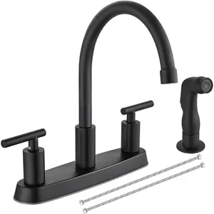 Kitchen Faucets, High Arc 360?Rotating Spout Kitchen Sink Faucet, 2 Handle 8 Inch Centerset RV Kitchen Faucet with  Lines, 3 or 4 Hole Kitchen Faucet with Side Sprayer, Matte Black