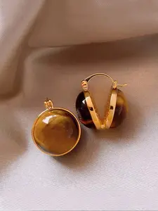 1 Pair of Fall/Winter Retro Elegance, Simple Geometry Round Niche Jewelry Design Brown Tiger's Eye Imitation Inlay Women's Fashion Jewelry Party Lightweight Chunky Hoops Earrings for Daily Wear, Parties, Commuting, and Holiday Occasions
