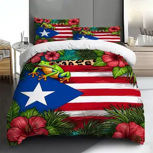 Three-piece bedding set - 2pcs/3pcs 2D Flat Puerto Rican frog floral pattern duvet cover set (1 duvet cover + 1/2 pillowcases, no insert), multi-color printed Decorative Bedding Set, soft and comfortable, suitable for family bedrooms and guest rooms.