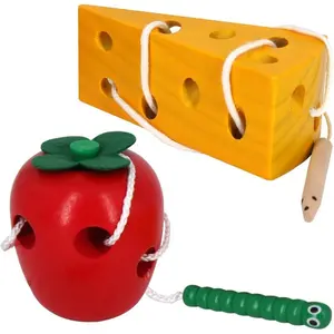 Z-ITC37     Early Development Wooden Lacing Toys, Montessori Activity Caterpillars Eat Apple and Kids Cheese Toys, Children Learning Educational Wood Block Puzzles for Toddlers Boys Girls