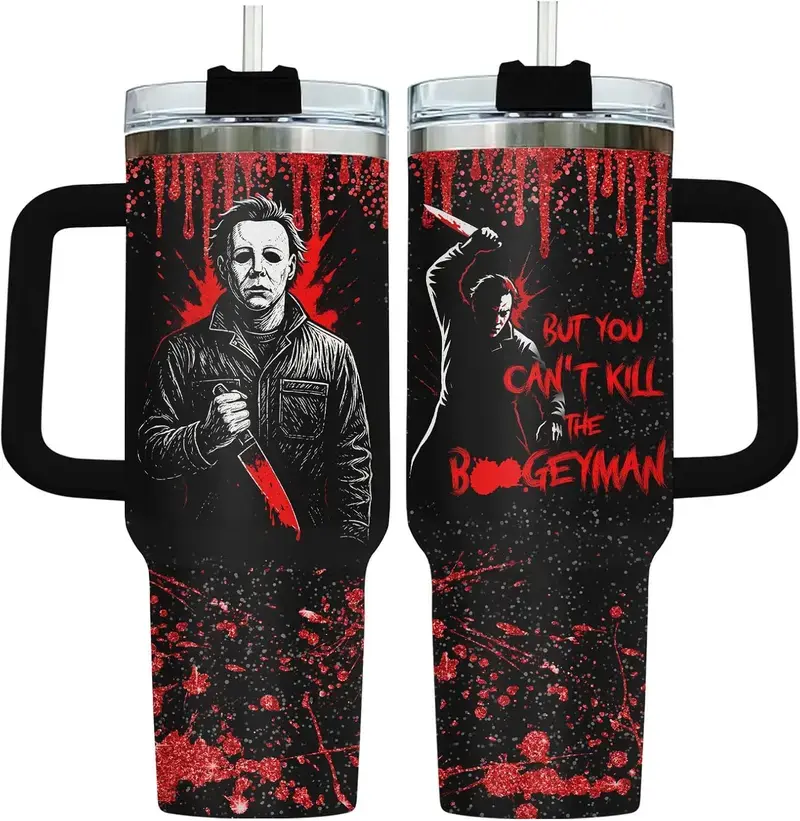 Michael Myers Halloween Tumbler 40oz With Handle, "But You Can't Kill The Boogeyman" Scary Slasher Movie Mug, Red Bloody Glitter Insulated Stainless Steel Travel Cup Horror Gift Spooky Halloween, Gift For Horror Fans, Scary Movie Lover Cup