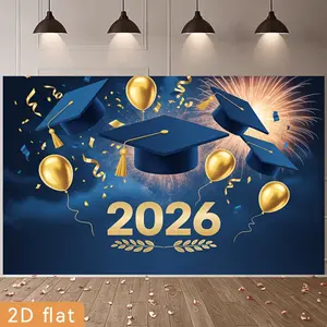 Party Banners 2D Flat Banner, Polyester Backdrop 2026 Graduation Backdrop Navy Blue Cap Golden Balloon Firework Decor, for Party Decor Room, Club, Farm, Garden, Home, No Electricity, Easy to Hang Gift for Easter, 2D Flat