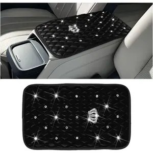 Bling  Center Console Cover, Rhinestones Crown  Armrest Seat Box Mat Pad,  Automotive Interior Arm Rest Cushion Protector Decor Accessories, Universal Fit(Black)