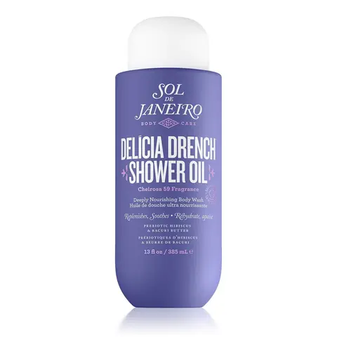 sol de janeiro Delícia Drench Shower Oil body wash - deeply nourishing oil-to-foam cleanser for body, hydrating & gentle cleansing, supports skin barrier and microbiome, vanilla orchid & sheer sandalwood scent