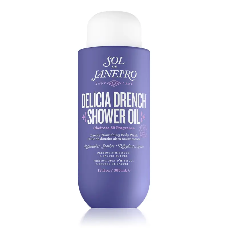 sol de janeiro Delícia Drench Shower Oil body wash - deeply nourishing oil-to-foam cleanser for body, hydrating & gentle cleansing, supports skin barrier and microbiome, vanilla orchid & sheer sandalwood scent