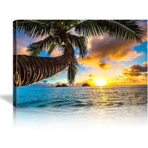 Kpasnd Sunset Beach Wall Art, Tropical Palm Tree Wall Decor, Coastal Beach Pictures Ocean Landscape Canvas Painting for Living Room Bedroom Decorations