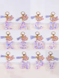 New Butterfly Letter Keychain, Resin Alphabet Shape Keyring with Tassel Bag Decoration, Women's Gift, Cute Style