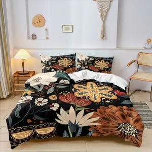 Dark Bohemian Floral Print Duvet Cover Set, Includes 1 or 2 Pillowcases, Soft Comfortable Fabric, Unique Style Bedding, All Seasons Bedroom Decor