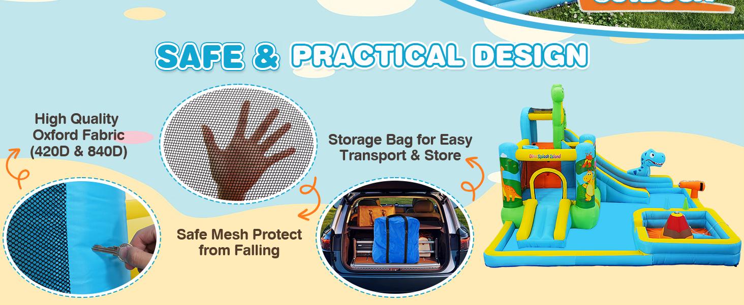 AKEYDIY Inflatable Water Slide,10 in 1 Dinosaur Themed Inflatable Water Slide,Bouncy Castle with Water Cannon, Dino Pool, Climbing Wall, Basketball Hoop, Backyard Water Park for Kids,550W Blower Included,Bounce House for BIg Kids