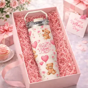 1 Pc 30oz insulated mug, Stainless Steel, double wall vacuum thermal mug, hard handle lid, leak proof, keeps hot for 12 hours and cold for 24 hours, Mom theme, heart pattern, Mother's Day gift, for women, large capacity Tumbler, Drinkware