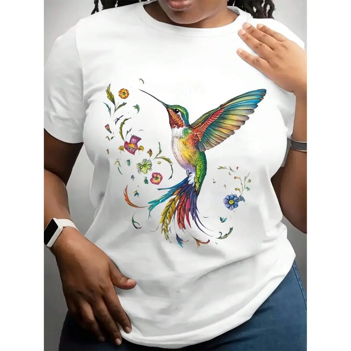 Women's Casual Floral & Hummingbird Print T-Shirt - Breathable Round Neck Short Sleeve Top, Machine Washable Spring Summer Fashion Tee, Artistic Vibrant Graphic Design