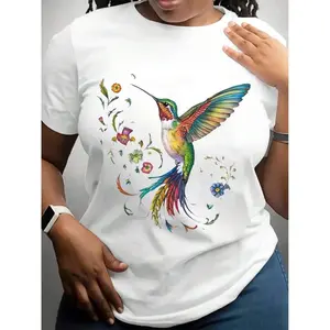 Women'S Floral & Hummingbird Print Casual T-Shirt - Breathable Round Neck Short Sleeve Top, Machine Washable Spring Summer Fashion Tee With Vibrant Graphic Design, Ladies T Shirts, Seasonal Clothing, Artistic Design, Comfortable Material