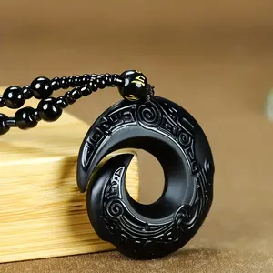 1pc Black Obsidian Pendant Necklace - Elegant Good Luck Charm with Intricate Design, Faux Jade Accents on Beaded Chain, Ideal Gift