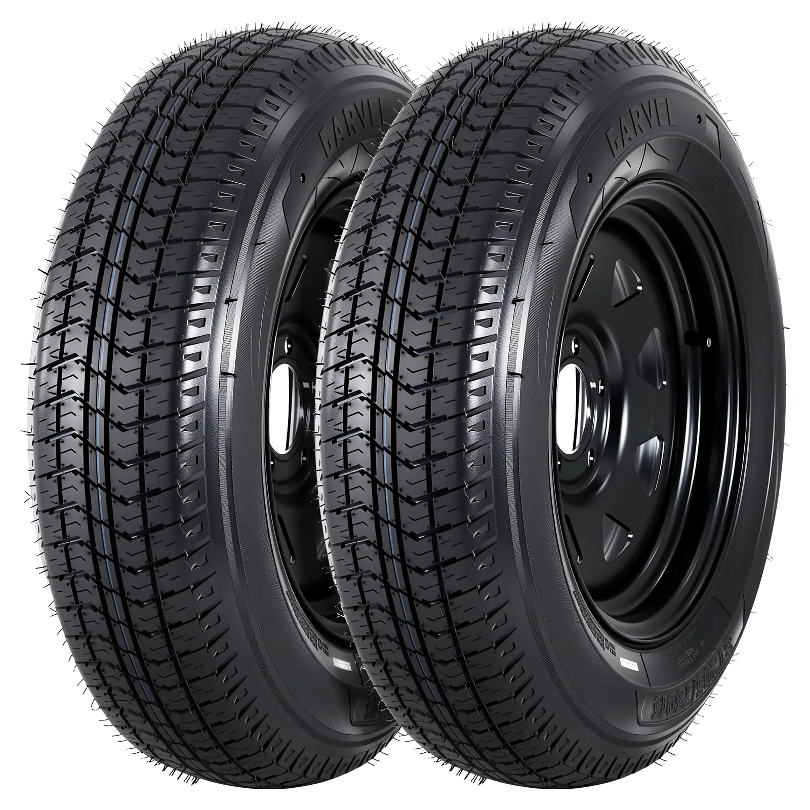 2PCS Durable Trailer Tire on Rim - ST205/75D15, 15-in Load Range C, 5-Bolt Black Spoke Wheel with Nylon Cap, Center Bore & PCD, Strong Traction for Utility, Boat Trailers