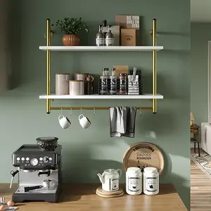 Floating Shelving 31" Kitchen Wall - Mounted Shelf with Towel Bar Hooks Coffee Bar Shelf Wine Hanging Display Rack Bookshelf Living Room Decor Bathroom - White Marble