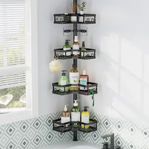 HEVEL Corner Shower Caddy Tension Pole, Adjustable Shower Organizer Corner 62-115 Inch, Rustproof Bathroom Storage Shower Shelves, Black