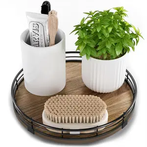 Acacia  9" Bathroom Vanity Tray Turntable, Farmhouse Round Bathroom Countertop Organizer for Soap Perfume, Rotating Organizer for Kitchen Table Centerpieces, Decorative Trays for Coffee Table