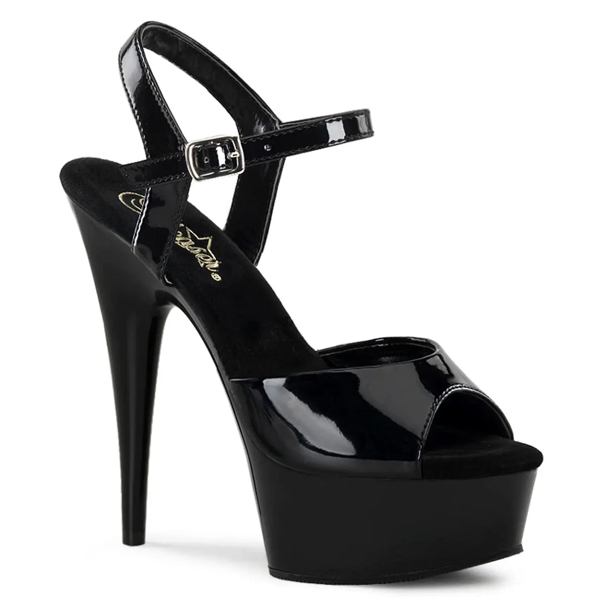 Women's Delight-609 Stylish High Heeled Sandals, Elegant Black Patent Leather, Ankle Strap, 6 In Stiletto Heel, 1.75-in Platform, Perfect for Night Out, Watch Party, High Platform, 1 3/4 Inches, Black Heels