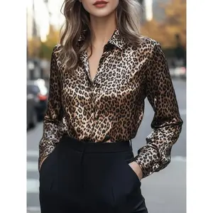 Women's leopard print long sleeved shirt, Spring and Autumn fashion, single button design, slim fit retro shirt, woven fabricRAIMENTRY
