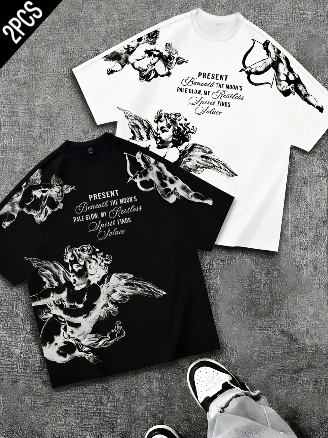 Men's 2PCS Angel Cherub Graphic Print T-Shirt Set | Lightweight Breathable Polyester, Black & White Vintage Baroque Style, Cupid & Poem Print, Oversized Fit, Y2K Streetwear Casual Tees, Ideal for Daily Wear, Urban Outings & Aesthetic Street Style