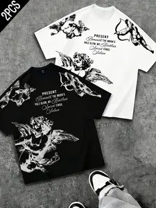 Men's 2PCS Angel Cherub Graphic Print T-Shirt Set | Lightweight Breathable Polyester, Black & White Vintage Baroque Style, Cupid & Poem Print, Oversized Fit, Y2K Streetwear Casual Tees, Ideal for Daily Wear, Urban Outings & Aesthetic Street Style