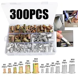 300pcs Metric M3-M10 Carbon Steel Galvanized Aluminum Rivet Nuts, Flat Head Riveting Tool, Home Decoration Tools