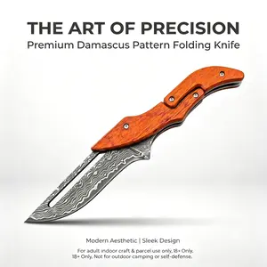 Damascus Pattern Folding Pocket Utility Knife Polished Orange Wood Handle Multi-Purpose Daily Carry Cutting Tool Gift for Men Imitation Swirl Grain Foldable Pocket Knife Ergonomic Curved Wood Handle Compact EDC Cutter for Craft Household & Travel