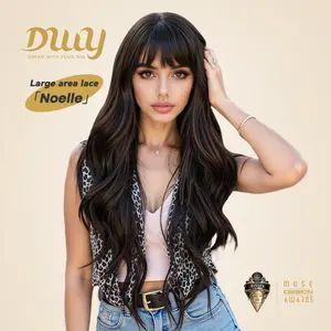 Noelle-DWY Machine Made Free Part Long Layer Wave Tea Black Glueless Synthetic Wig with Bangs for Women 26 Inches