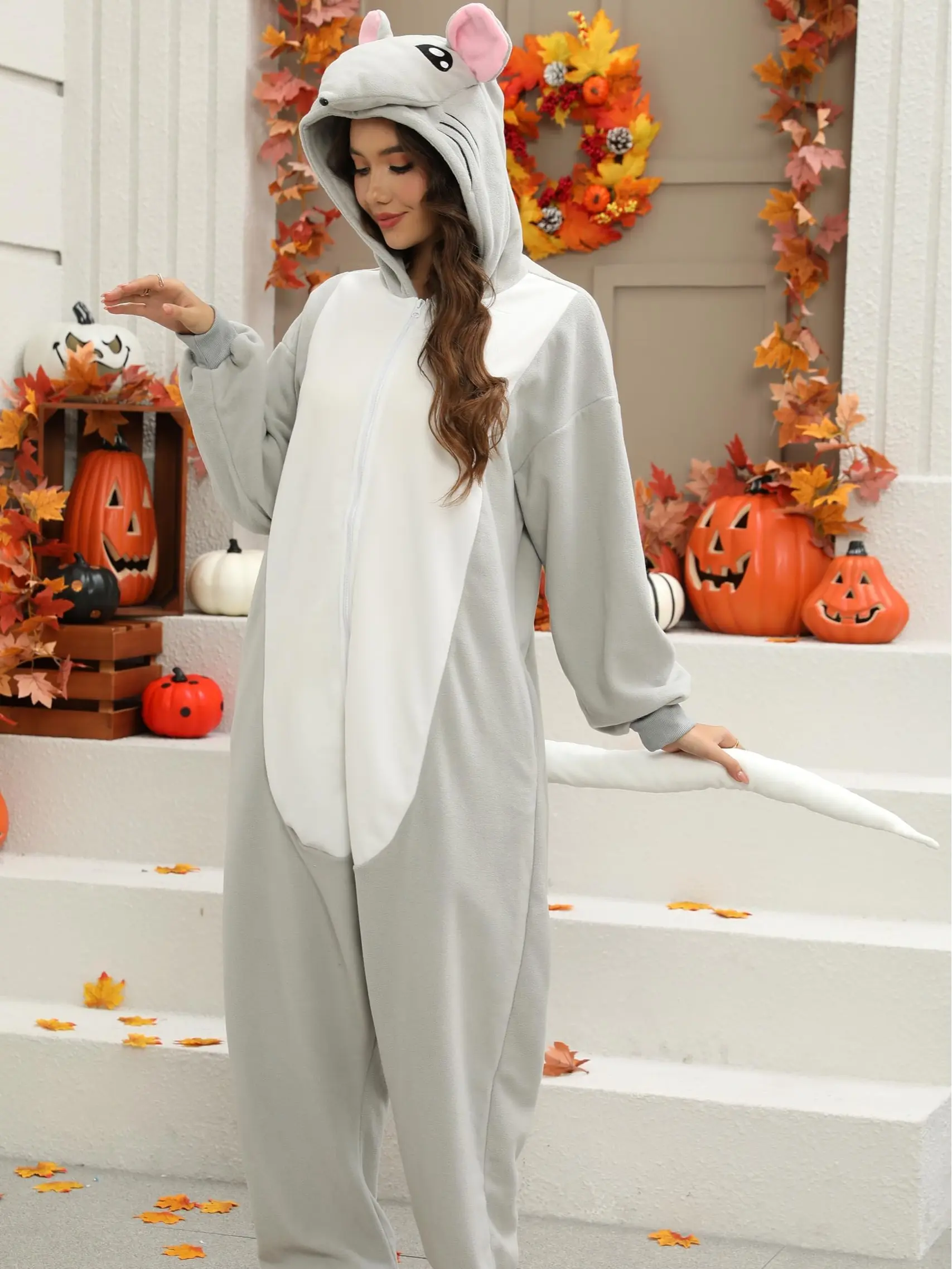 Unisex Adult Rat Costume Jumpsuit, Full Length Polyester Outfit for Halloween Cosplay Themed Parties, Machine Washable Complete Look, Polyester Clothes, Rat Theme, Unisex Sizing